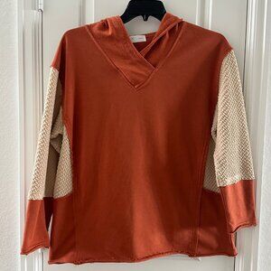 Rust Orange & Cream Hoodie With Textured Sleeves By Liam & Co. XL 50% Polyester